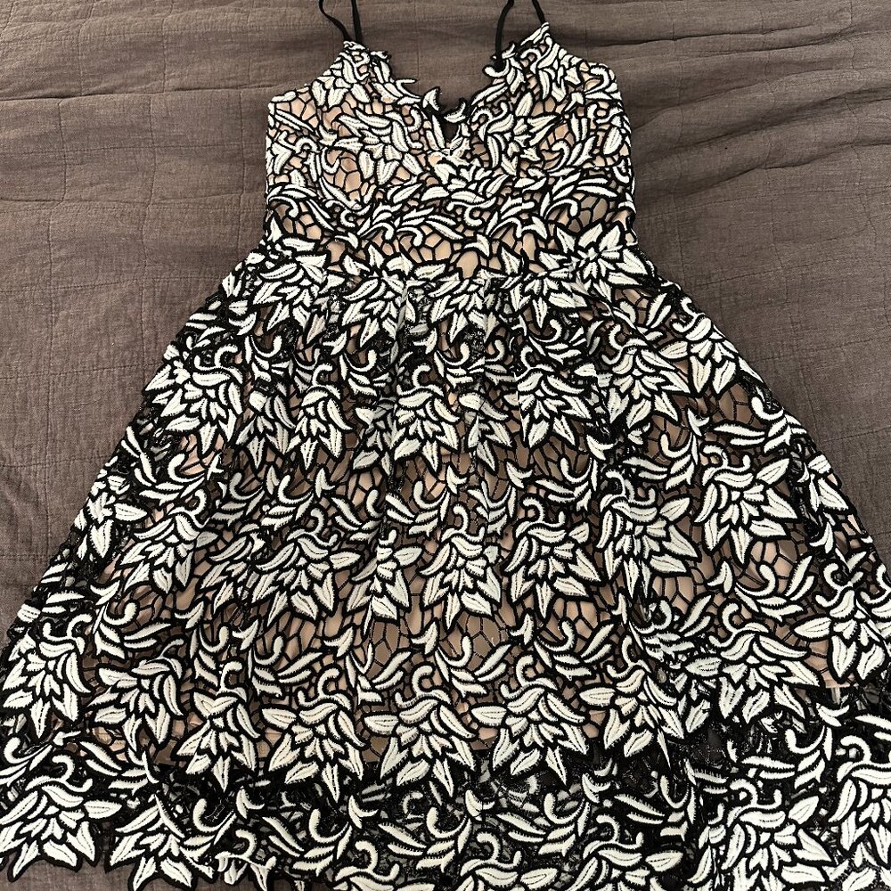 Aqua Tan Dress with Black and White Floral Overlay - Size Large